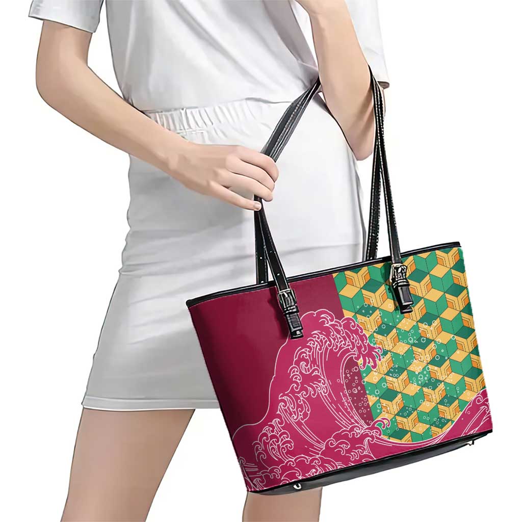 Japanese Bishamon-Kikkou Pattern Leather Tote Bag Water Pillar Silent River Flow - Polynesian Pride