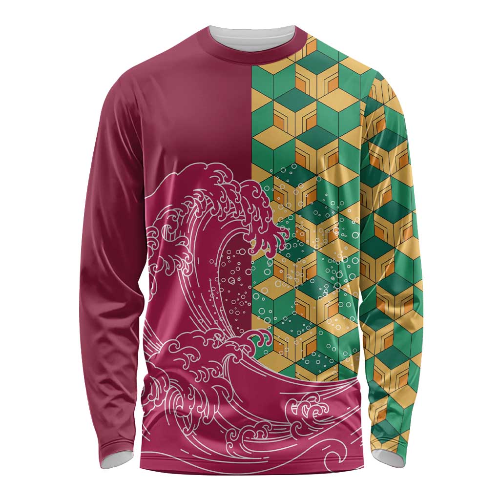 Japanese Bishamon-Kikkou Pattern Long Sleeve Shirt Water Pillar Silent River Flow LT9 Unisex Burgundy - Polynesian Pride