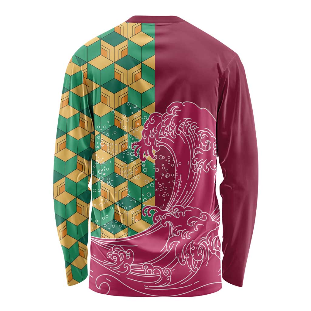 Japanese Bishamon-Kikkou Pattern Long Sleeve Shirt Water Pillar Silent River Flow - Polynesian Pride