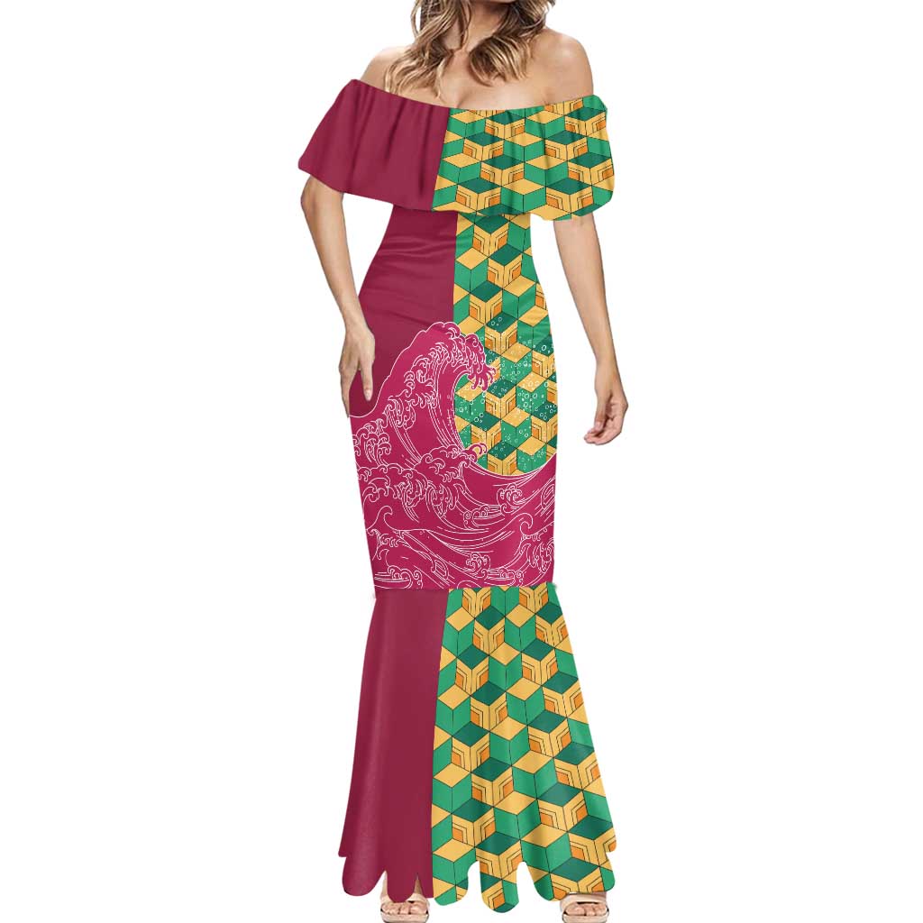 Japanese Bishamon-Kikkou Pattern Mermaid Dress Water Pillar Silent River Flow - Polynesian Pride