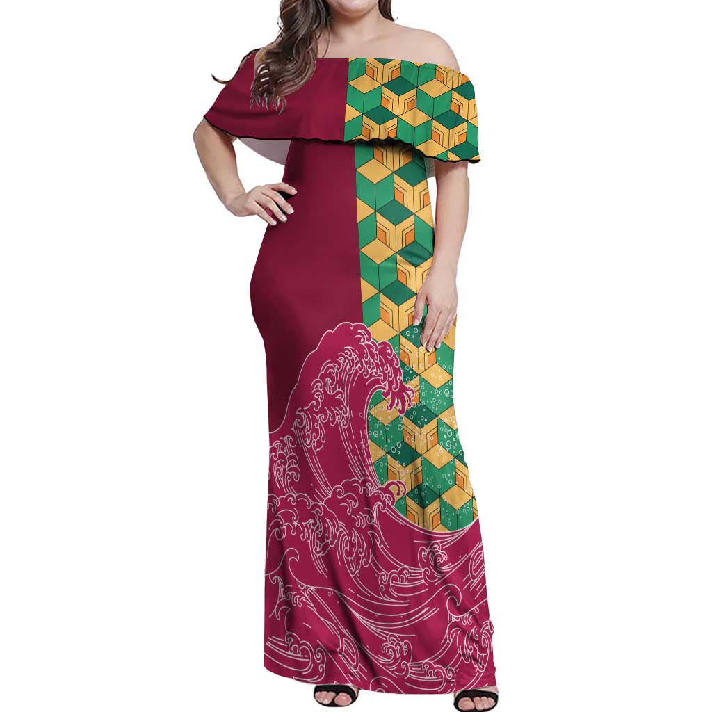 Japanese Bishamon-Kikkou Pattern Off Shoulder Maxi Dress Water Pillar Silent River Flow - Polynesian Pride