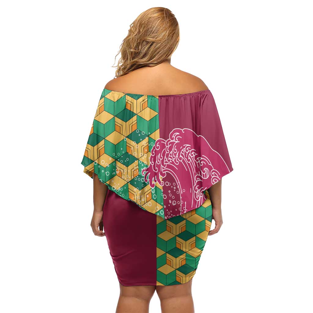 Japanese Bishamon-Kikkou Pattern Off Shoulder Short Dress Water Pillar Silent River Flow LT9 - Polynesian Pride