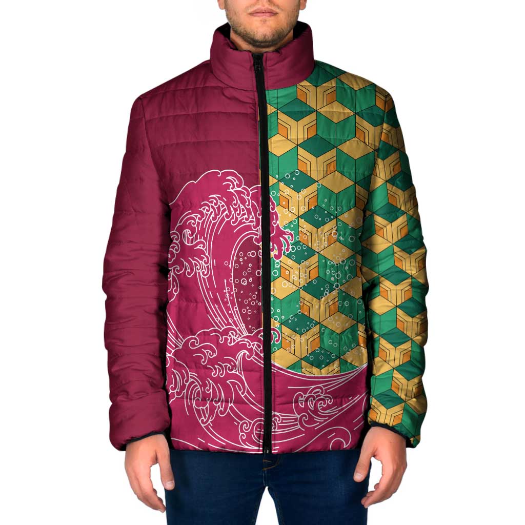 Japanese Bishamon-Kikkou Pattern Padded Jacket Water Pillar Silent River Flow LT9 Men Burgundy - Polynesian Pride