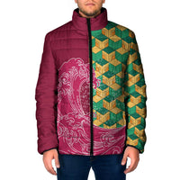 Japanese Bishamon-Kikkou Pattern Padded Jacket Water Pillar Silent River Flow LT9 Men Burgundy - Polynesian Pride