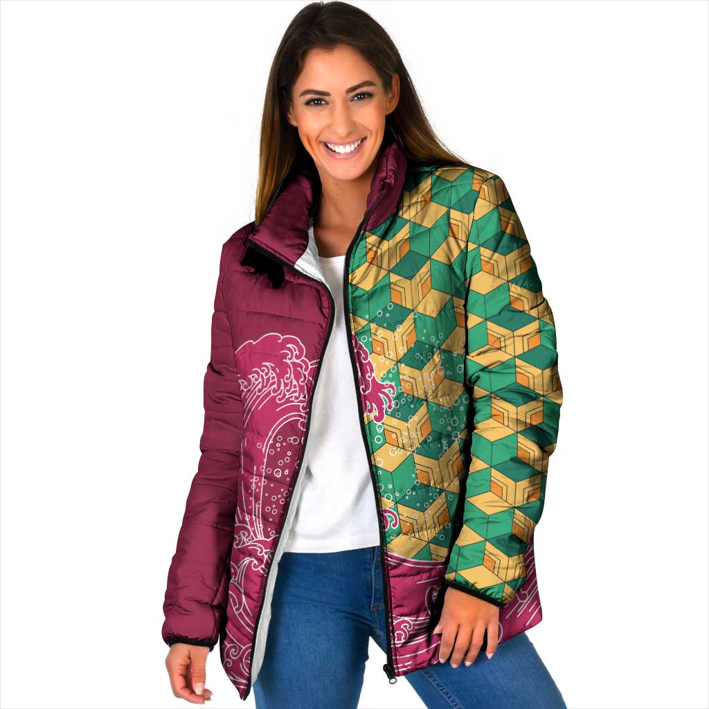 Japanese Bishamon-Kikkou Pattern Padded Jacket Water Pillar Silent River Flow LT9 Women Burgundy - Polynesian Pride