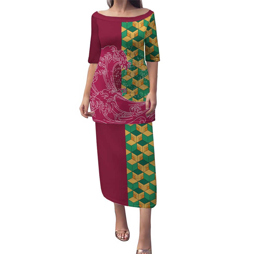 Japanese Bishamon-Kikkou Pattern Puletasi Water Pillar Silent River Flow LT9 Long Dress Burgundy - Polynesian Pride