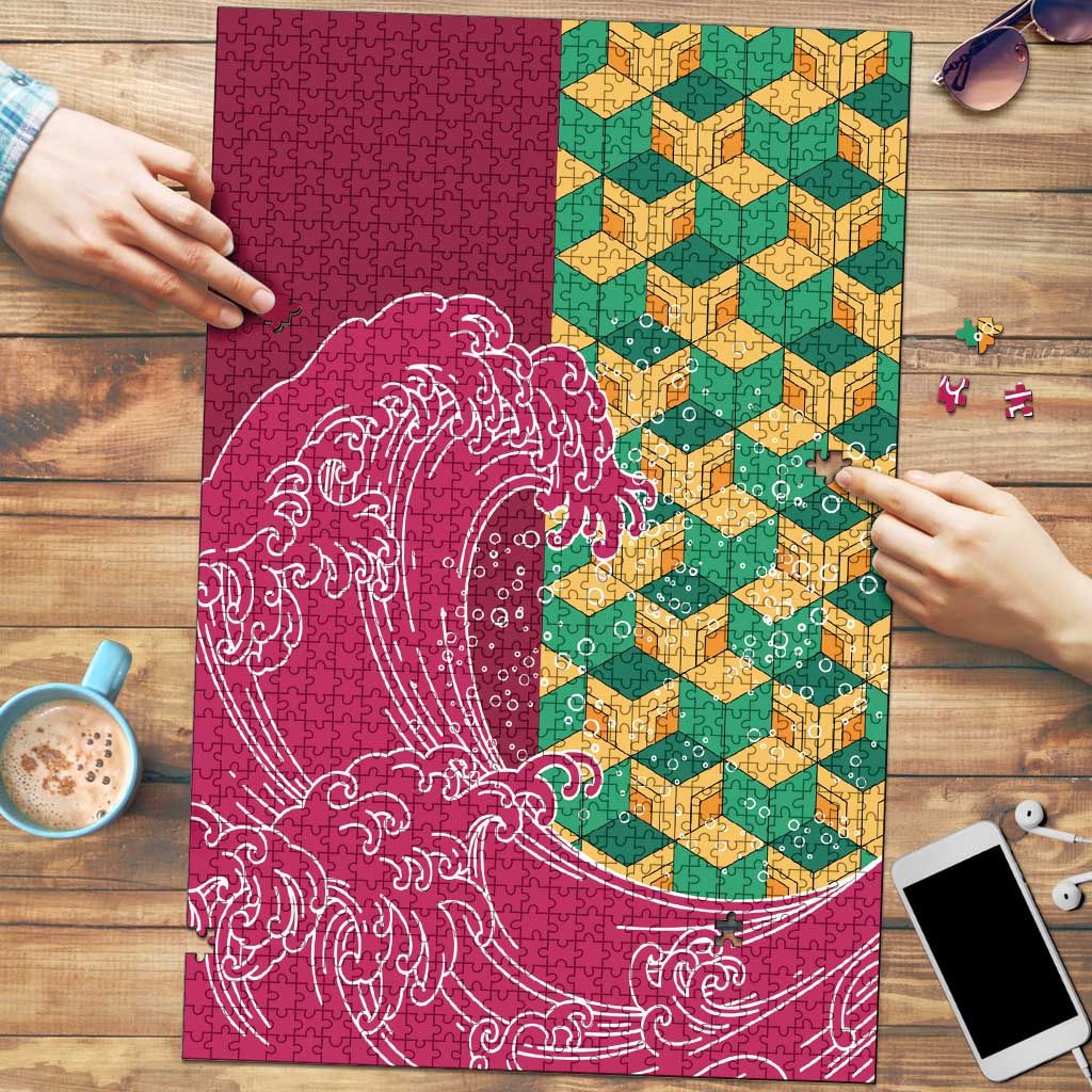 Japanese Bishamon-Kikkou Pattern Puzzle Water Pillar Silent River Flow LT9 Burgundy - Polynesian Pride