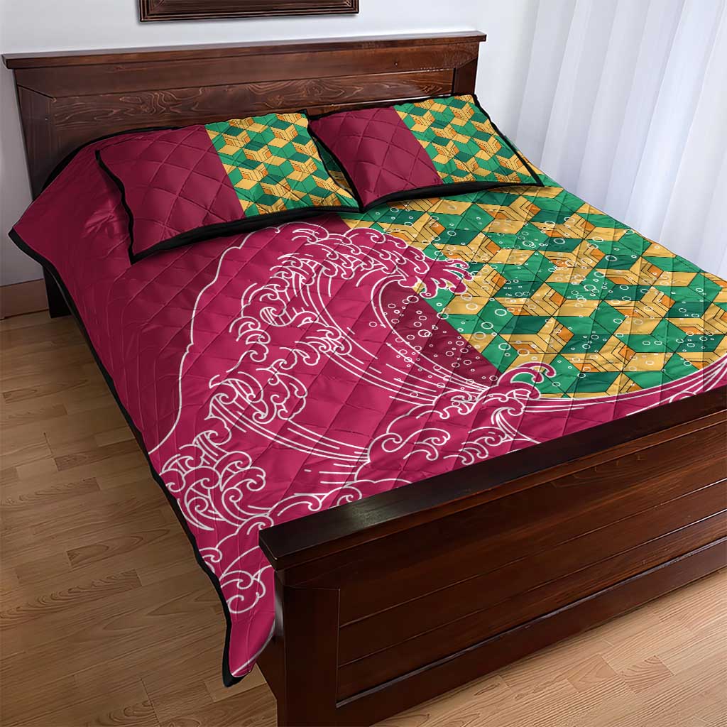 Japanese Bishamon-Kikkou Pattern Quilt Bed Set Water Pillar Silent River Flow - Polynesian Pride