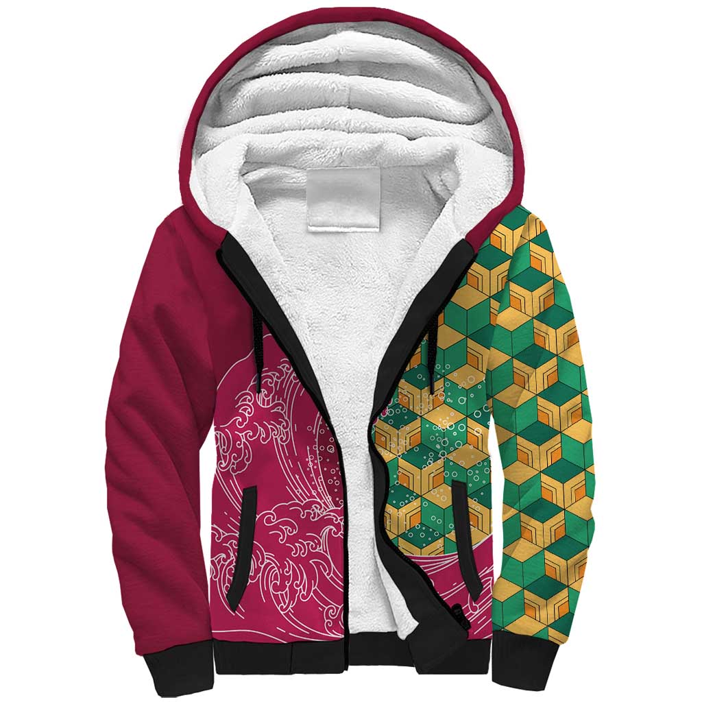 Japanese Bishamon-Kikkou Pattern Sherpa Hoodie Water Pillar Silent River Flow LT9 Unisex Burgundy - Polynesian Pride