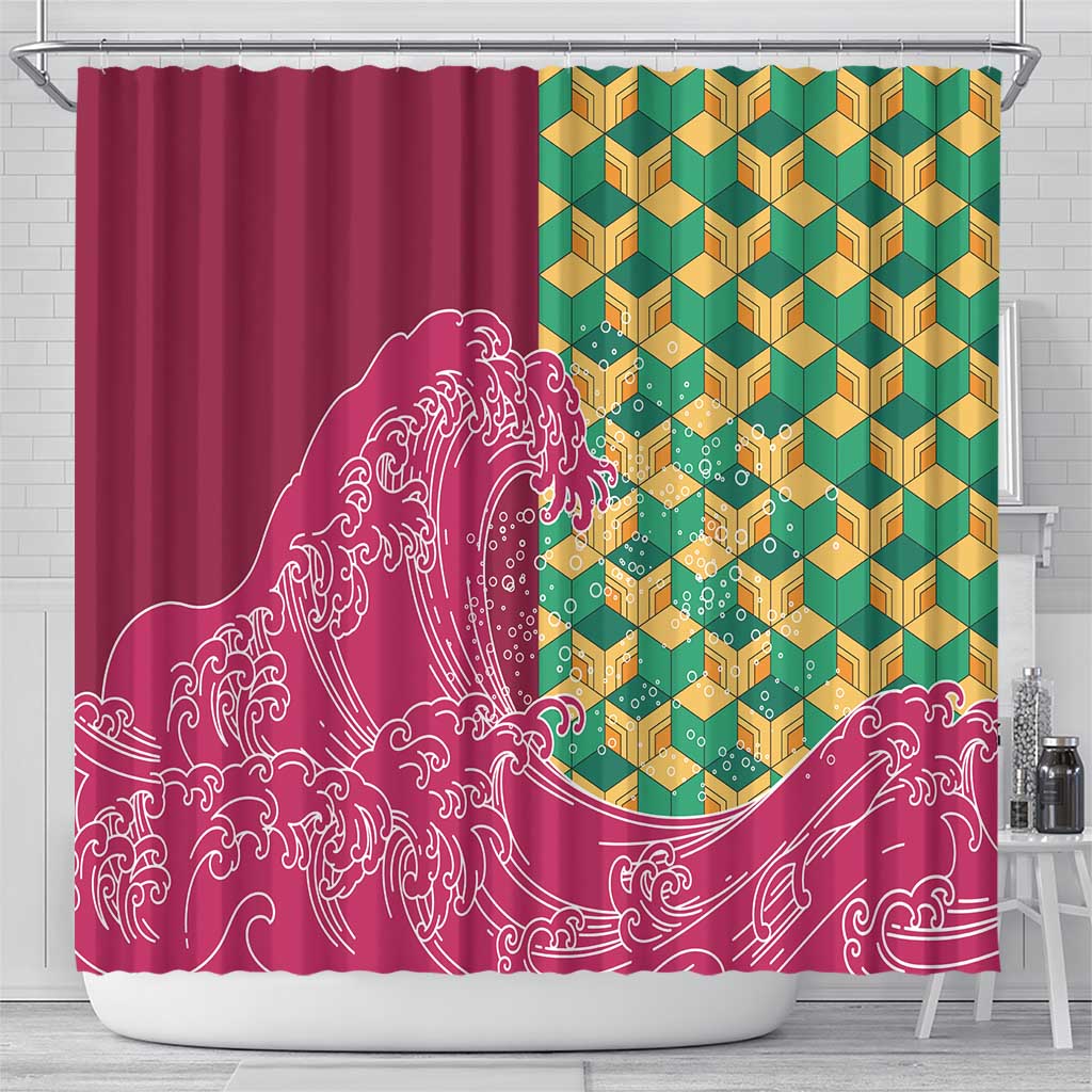 Japanese Bishamon-Kikkou Pattern Shower Curtain Water Pillar Silent River Flow - Polynesian Pride