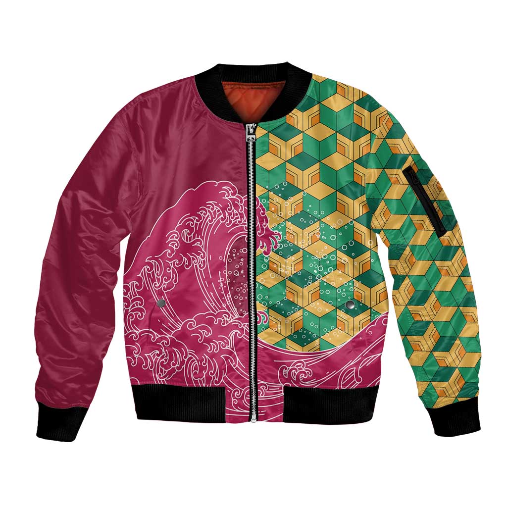 Japanese Bishamon-Kikkou Pattern Sleeve Zip Bomber Jacket Water Pillar Silent River Flow LT9 Unisex Burgundy - Polynesian Pride