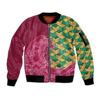 Japanese Bishamon-Kikkou Pattern Sleeve Zip Bomber Jacket Water Pillar Silent River Flow LT9 Unisex Burgundy - Polynesian Pride