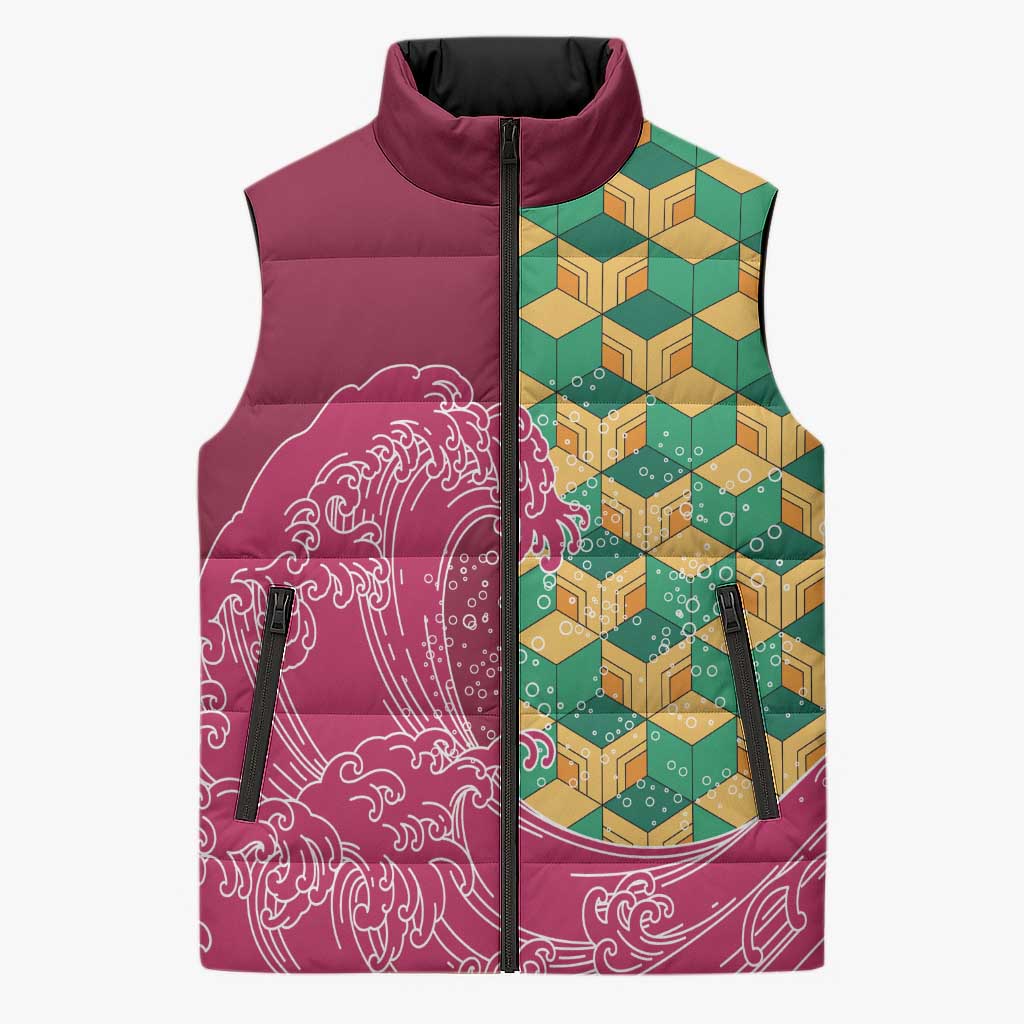 Japanese Bishamon-Kikkou Pattern Sleeveless Puffer Jacket Water Pillar Silent River Flow LT9 Unisex Burgundy - Polynesian Pride