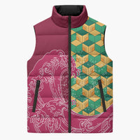 Japanese Bishamon-Kikkou Pattern Sleeveless Puffer Jacket Water Pillar Silent River Flow LT9 Unisex Burgundy - Polynesian Pride