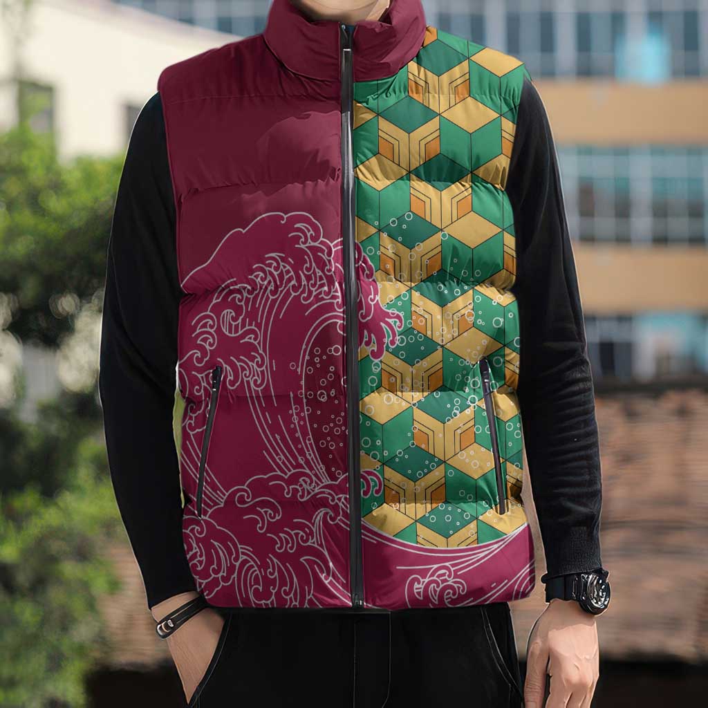 Japanese Bishamon-Kikkou Pattern Sleeveless Puffer Jacket Water Pillar Silent River Flow LT9 - Polynesian Pride