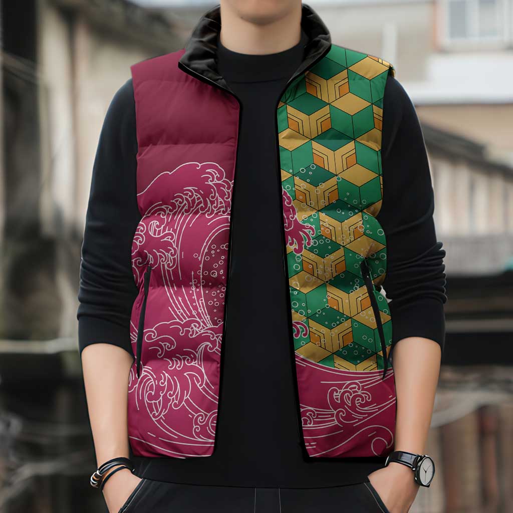 Japanese Bishamon-Kikkou Pattern Sleeveless Puffer Jacket Water Pillar Silent River Flow LT9 - Polynesian Pride