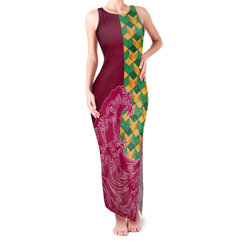 Japanese Bishamon-Kikkou Pattern Tank Maxi Dress Water Pillar Silent River Flow LT9 Women Burgundy - Polynesian Pride