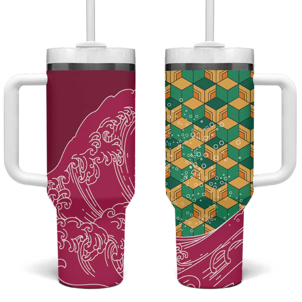 Japanese Bishamon-Kikkou Pattern Tumbler With Handle Water Pillar Silent River Flow LT9 One Size: 40 oz Burgundy - Polynesian Pride