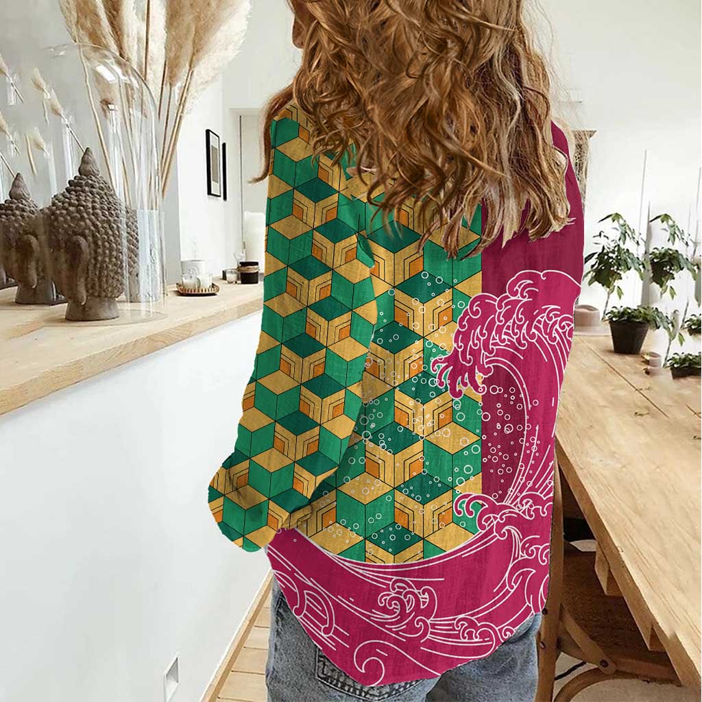 Japanese Bishamon-Kikkou Pattern Women Casual Shirt Water Pillar Silent River Flow - Polynesian Pride