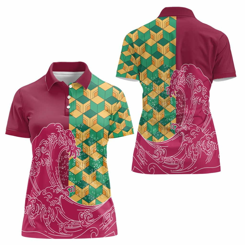 Japanese Bishamon-Kikkou Pattern Women Polo Shirt Water Pillar Silent River Flow - Polynesian Pride