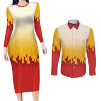 Japanese Kaen Pattern Couples Matching Long Sleeve Bodycon Dress and Long Sleeve Button Shirt Flame Pillar Blazing Lion Heart LT9 Red - Polynesian Pride