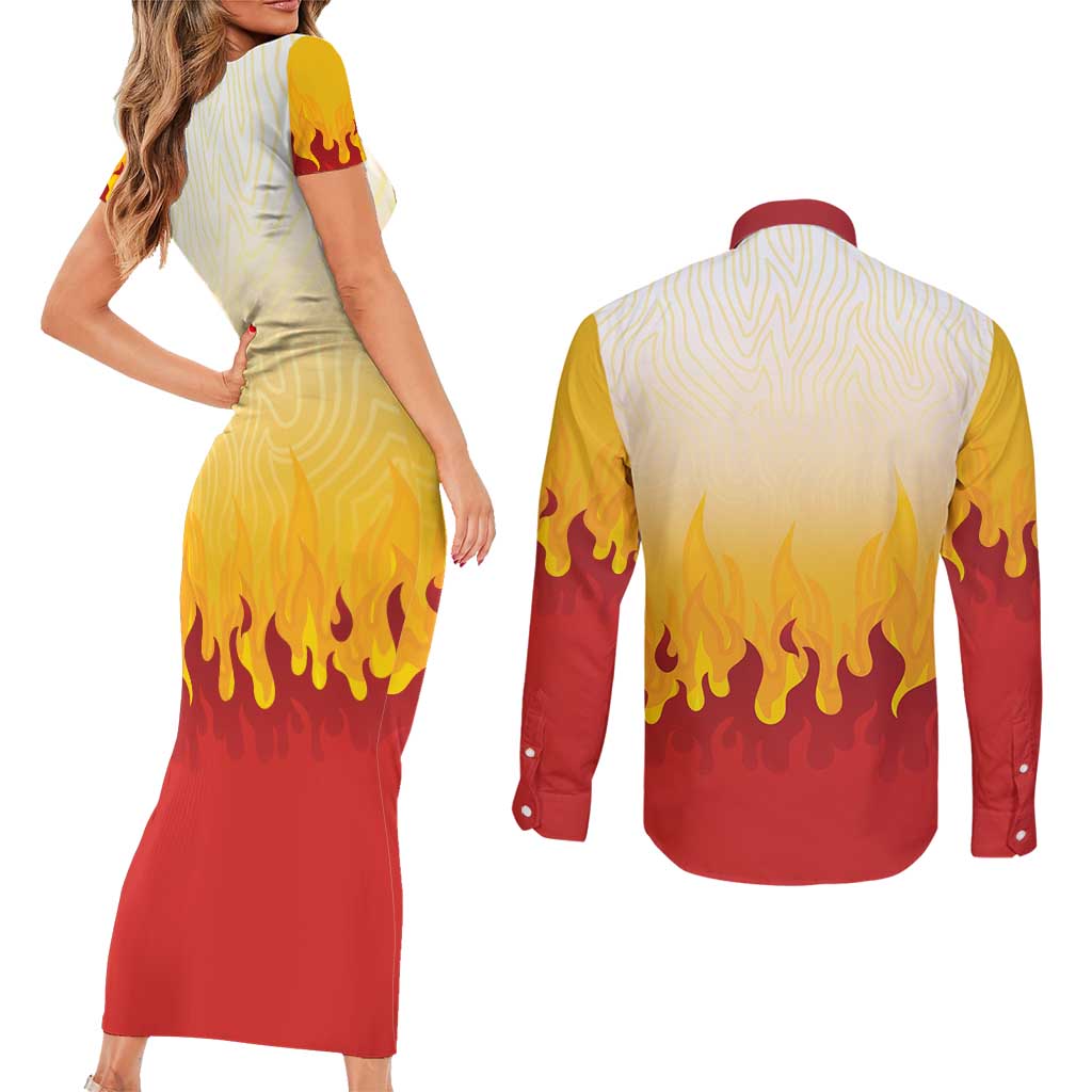 Japanese Kaen Pattern Couples Matching Short Sleeve Bodycon Dress and Long Sleeve Button Shirt Flame Pillar Blazing Lion Heart LT9 - Polynesian Pride