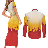 Japanese Kaen Pattern Couples Matching Short Sleeve Bodycon Dress and Long Sleeve Button Shirt Flame Pillar Blazing Lion Heart LT9 - Polynesian Pride