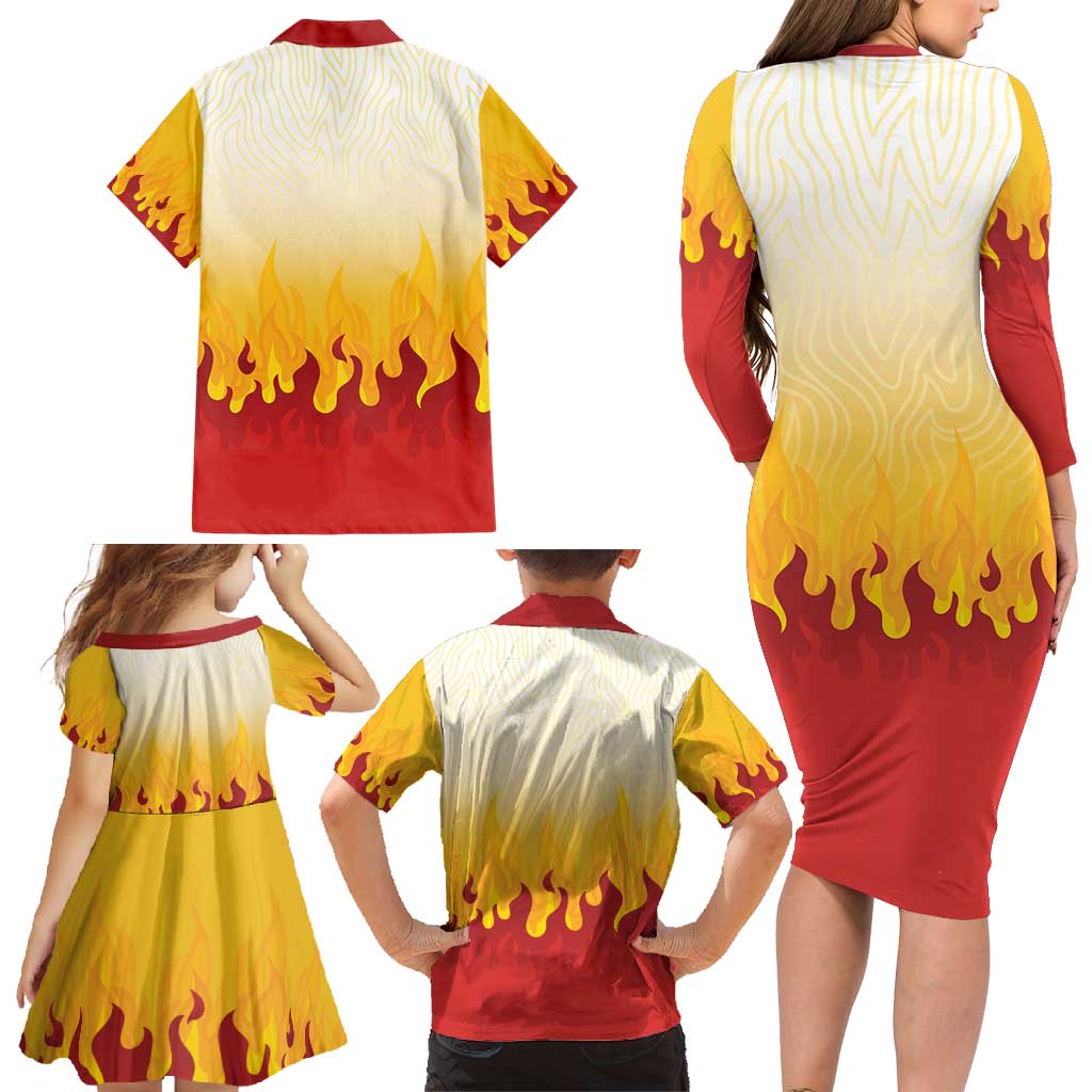 Japanese Kaen Pattern Family Matching Long Sleeve Bodycon Dress and Hawaiian Shirt Flame Pillar Blazing Lion Heart - Polynesian Pride
