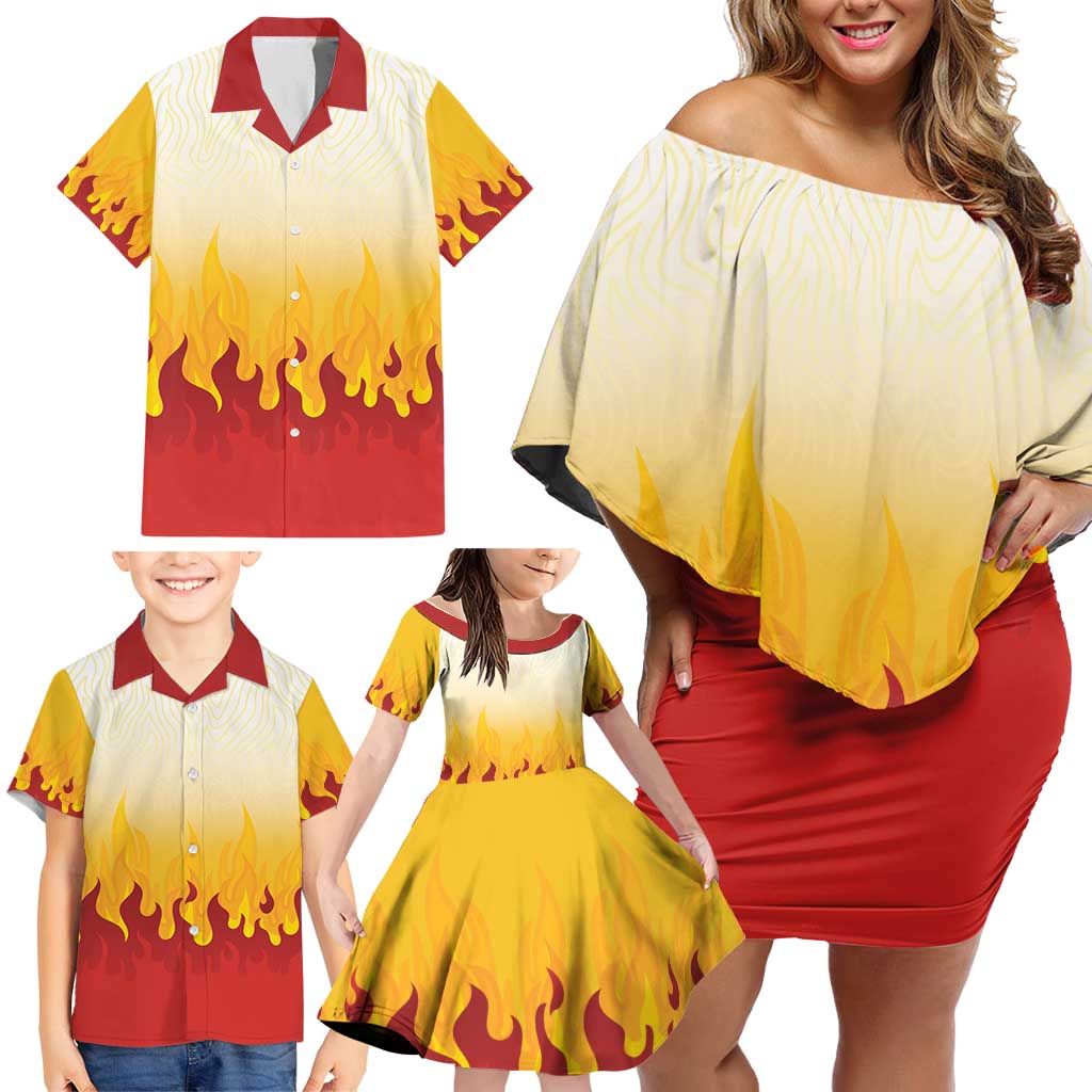 Japanese Kaen Pattern Family Matching Off Shoulder Short Dress and Hawaiian Shirt Flame Pillar Blazing Lion Heart - Polynesian Pride