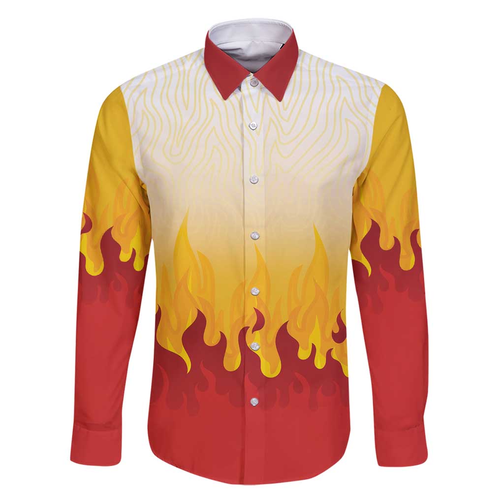 Japanese Kaen Pattern Family Matching Puletasi and Hawaiian Shirt Flame Pillar Blazing Lion Heart LT9 Dad's Shirt - Long Sleeve Red - Polynesian Pride