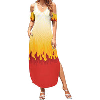Japanese Kaen Pattern Family Matching Summer Maxi Dress and Hawaiian Shirt Flame Pillar Blazing Lion Heart LT9 Mom's Dress Red - Polynesian Pride