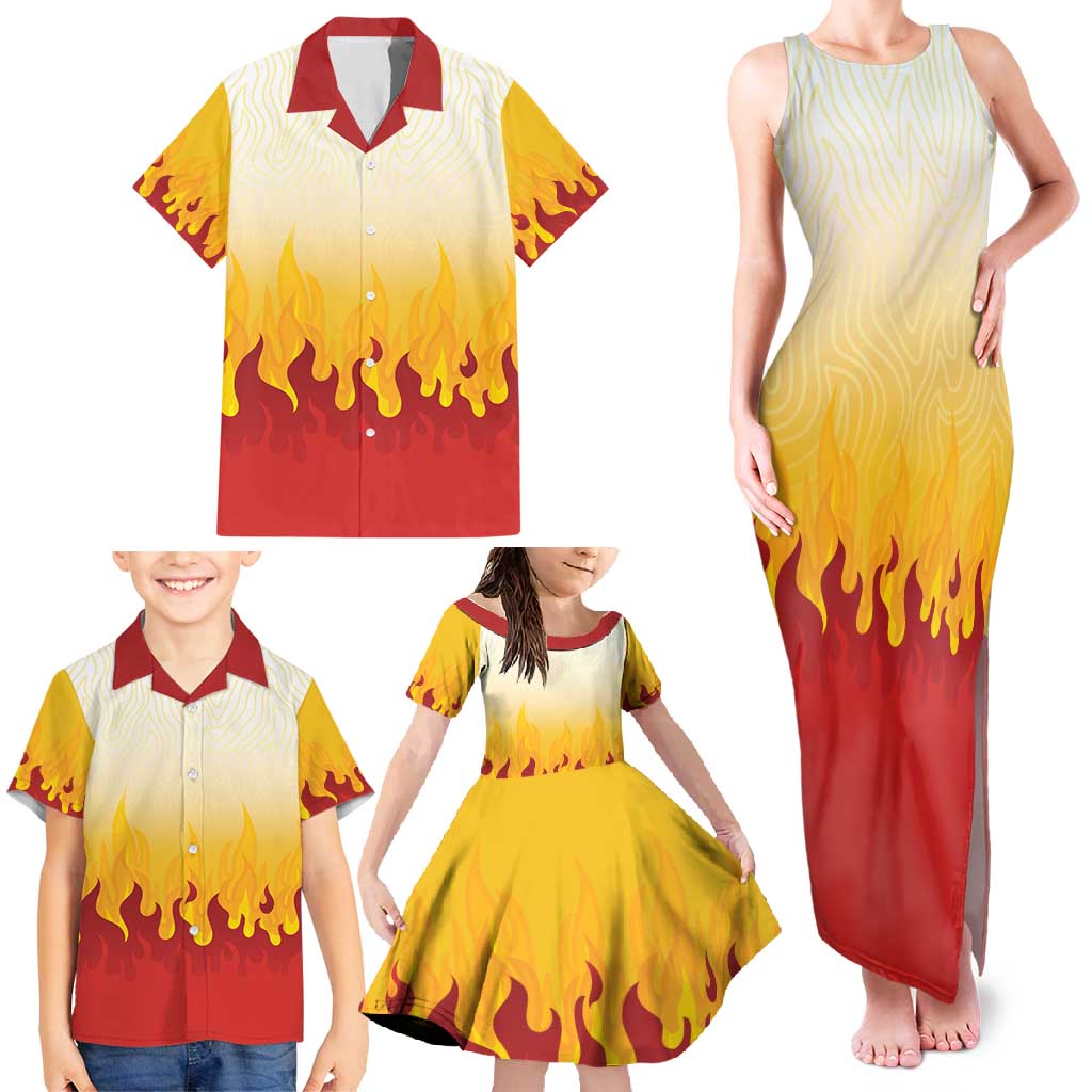 Japanese Kaen Pattern Family Matching Tank Maxi Dress and Hawaiian Shirt Flame Pillar Blazing Lion Heart - Polynesian Pride