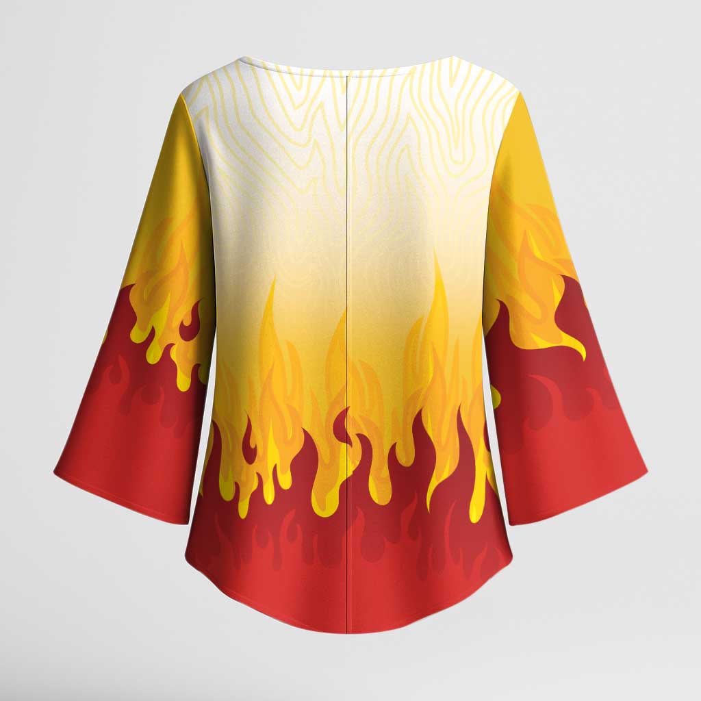Japanese Kaen Pattern Kimono Sleeve Blouse Flame Pillar Blazing Lion Heart - Polynesian Pride