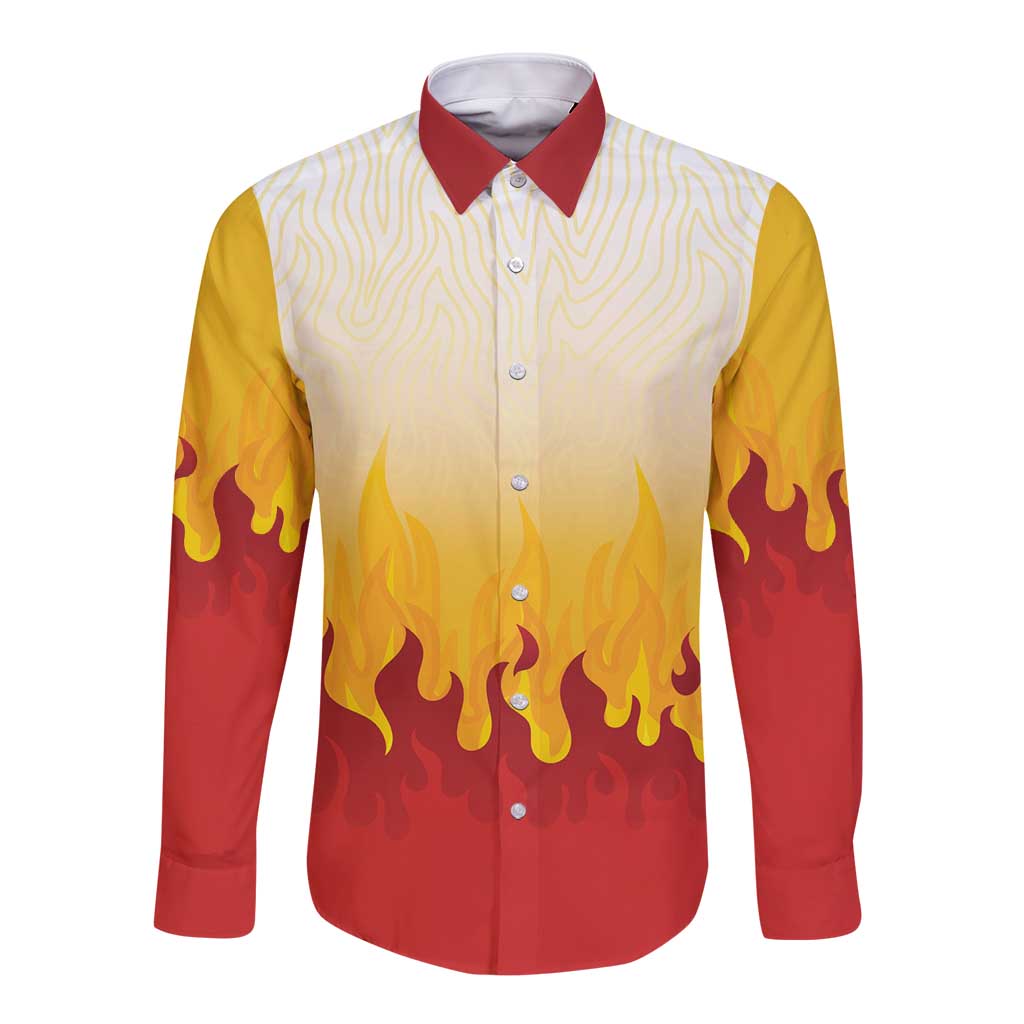 Japanese Kaen Pattern Long Sleeve Button Shirt Flame Pillar Blazing Lion Heart LT9 Unisex Red - Polynesian Pride