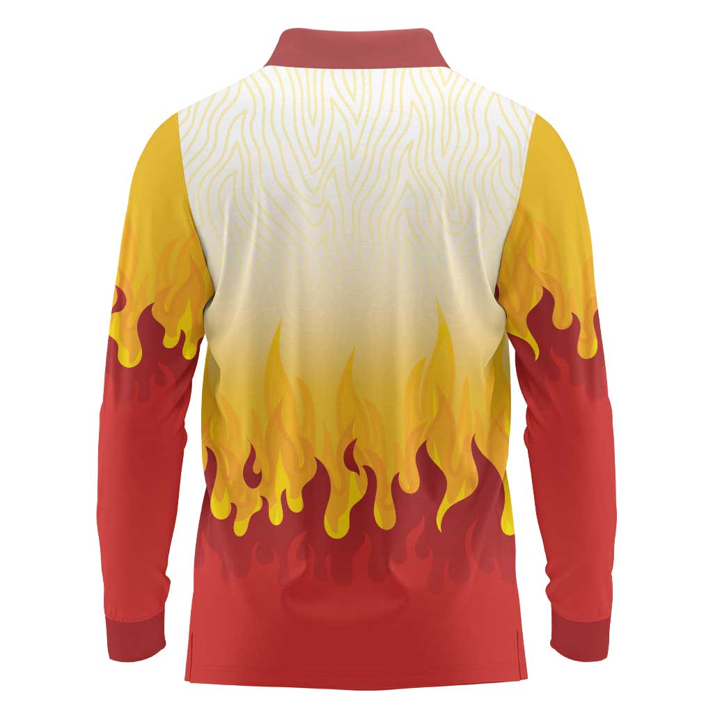 Japanese Kaen Pattern Long Sleeve Polo Shirt Flame Pillar Blazing Lion Heart LT9 - Polynesian Pride