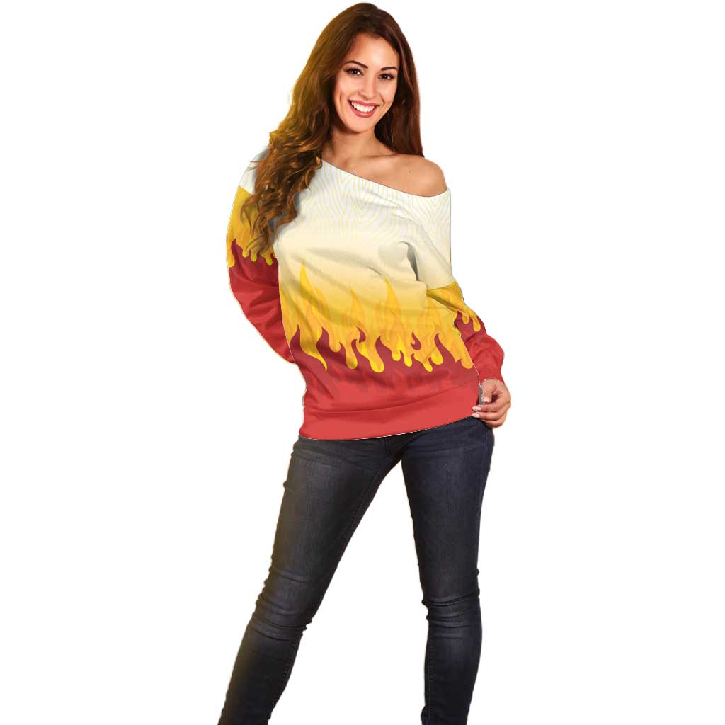Japanese Kaen Pattern Off Shoulder Sweater Flame Pillar Blazing Lion Heart - Polynesian Pride