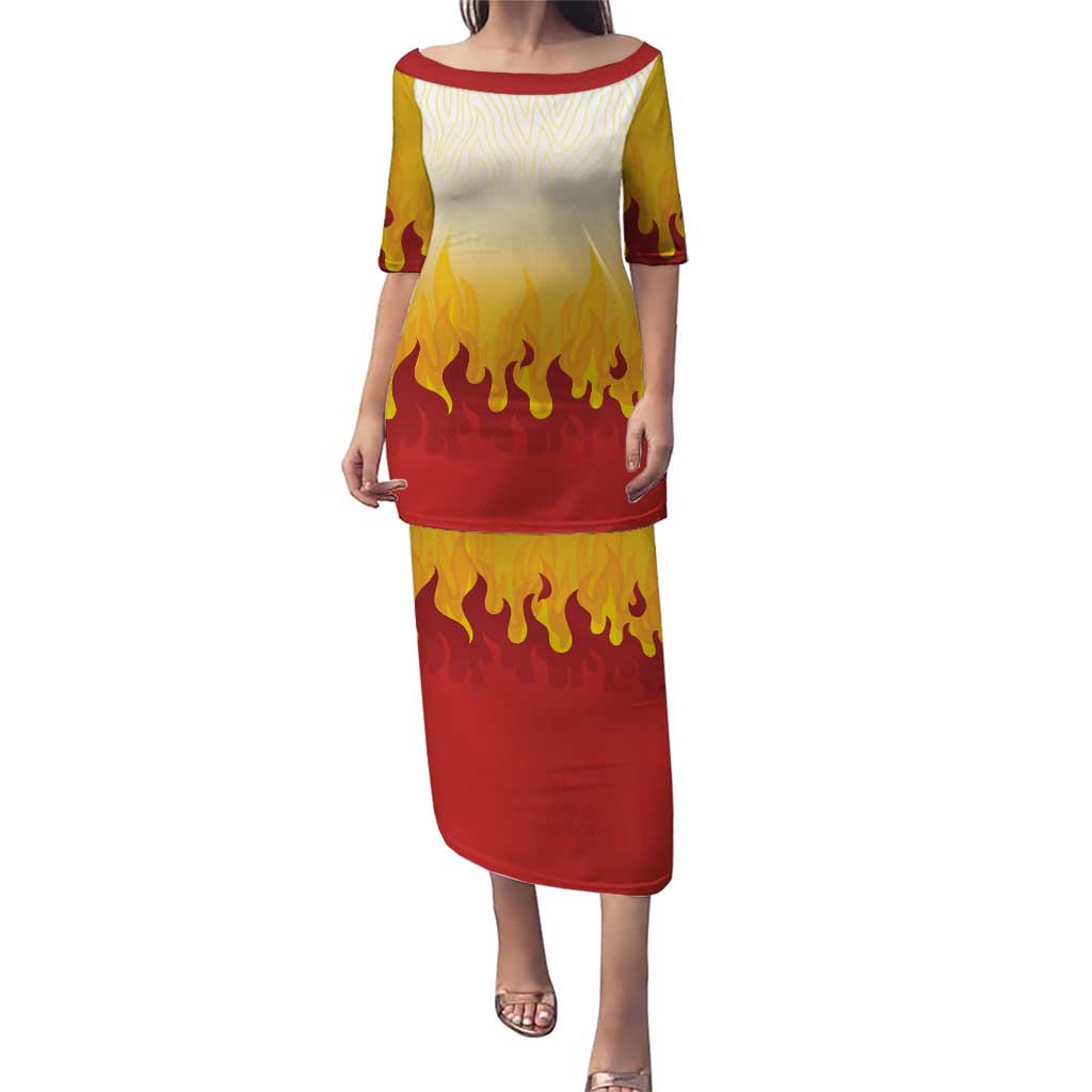 Japanese Kaen Pattern Puletasi Flame Pillar Blazing Lion Heart LT9 Long Dress Red - Polynesian Pride