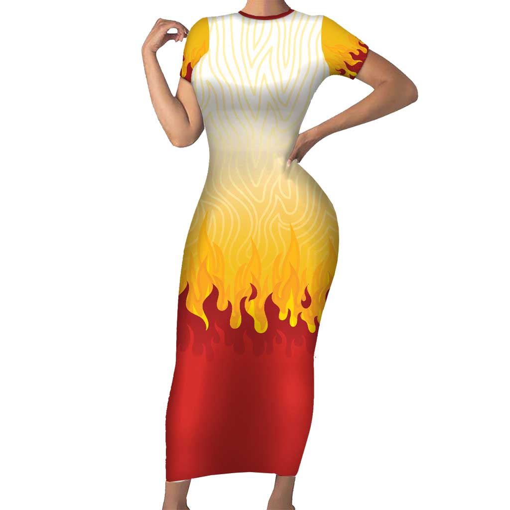 Japanese Kaen Pattern Short Sleeve Bodycon Dress Flame Pillar Blazing Lion Heart - Polynesian Pride