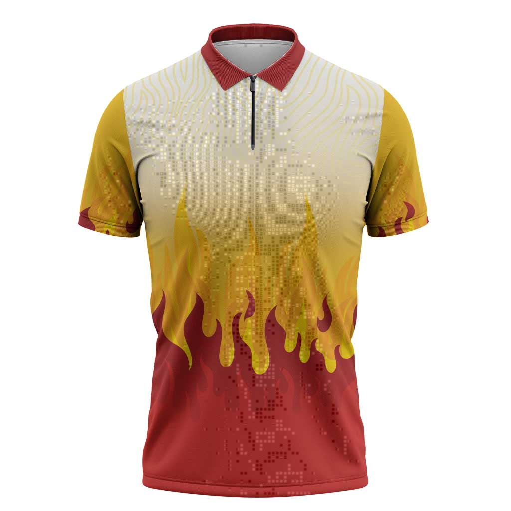 Japanese Kaen Pattern Zipper Polo Shirt Flame Pillar Blazing Lion Heart LT9 Red - Polynesian Pride