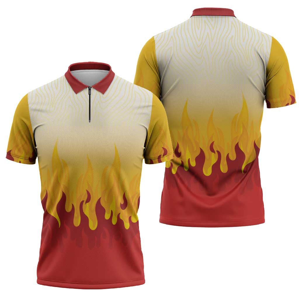 Japanese Kaen Pattern Zipper Polo Shirt Flame Pillar Blazing Lion Heart LT9 - Polynesian Pride