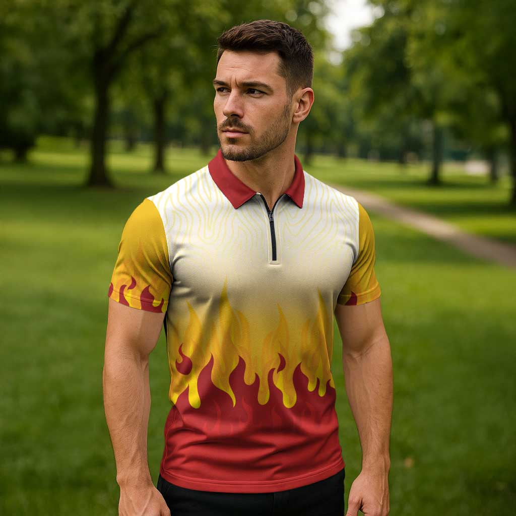 Japanese Kaen Pattern Zipper Polo Shirt Flame Pillar Blazing Lion Heart LT9 - Polynesian Pride