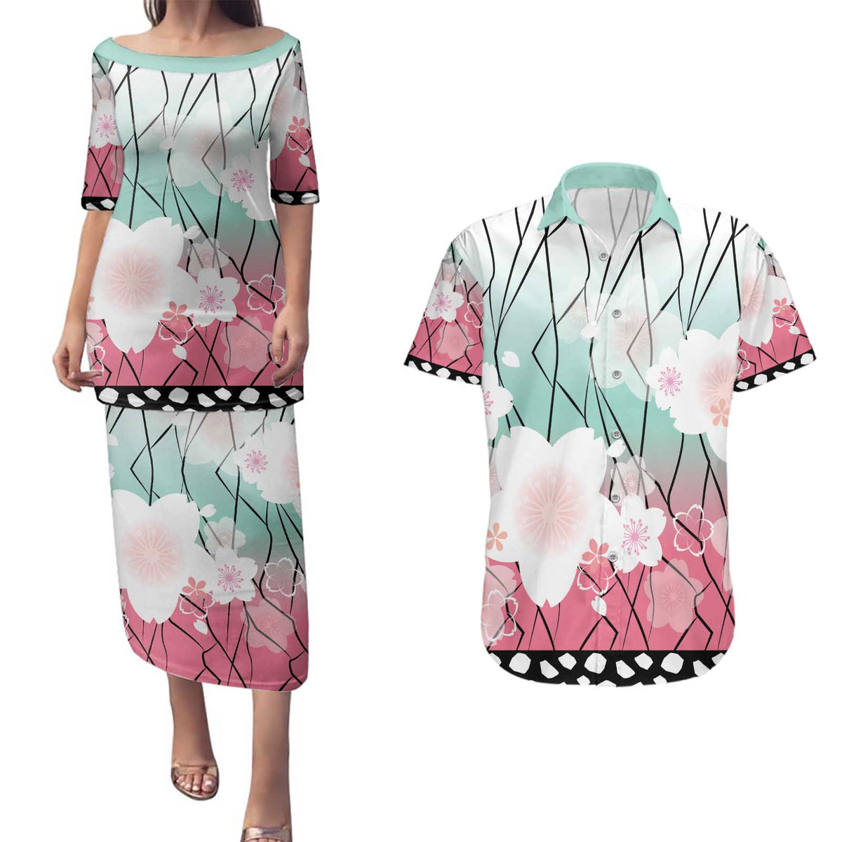 Japanese Kocho Pattern Couples Matching Puletasi and Hawaiian Shirt Insect Pillar Butterfly Flower Fairy LT9 Pink - Polynesian Pride