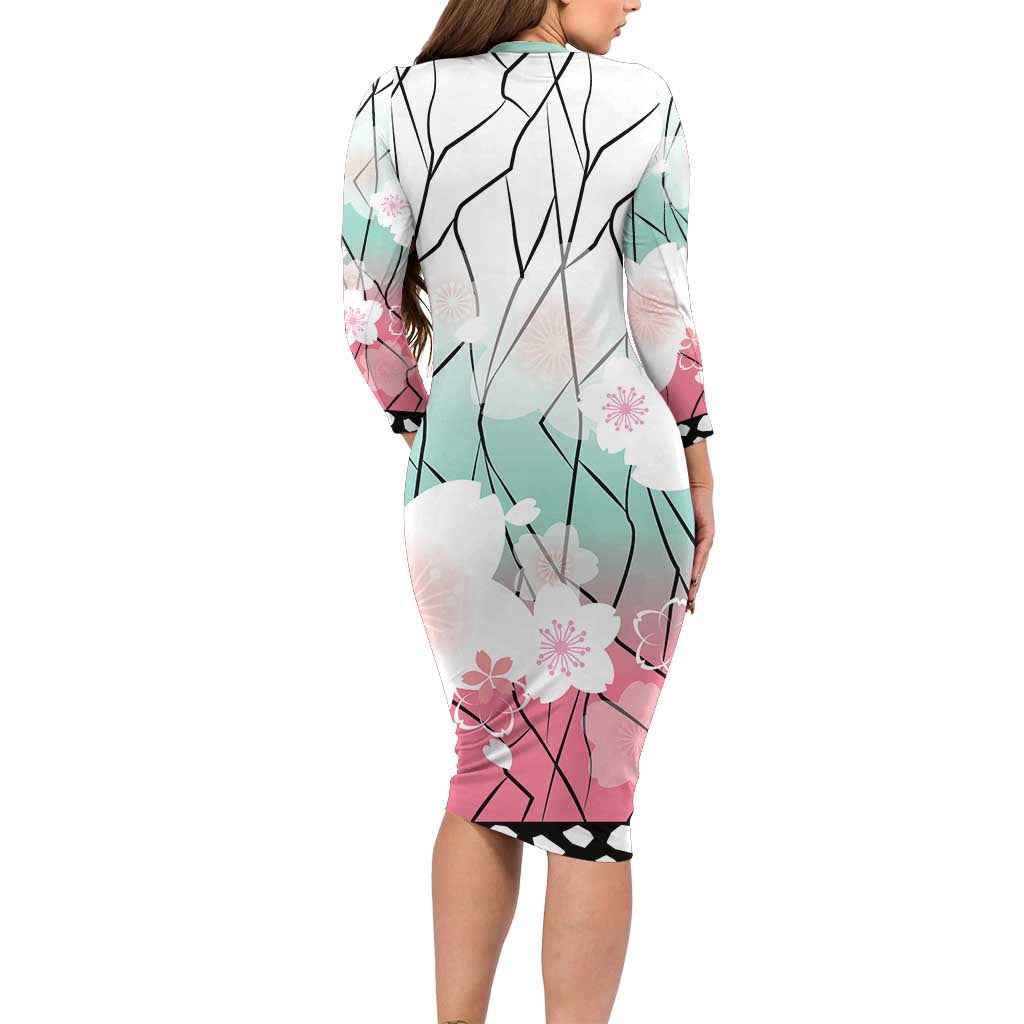 Japanese Kocho Pattern Long Sleeve Bodycon Dress Insect Pillar Butterfly Flower Fairy - Polynesian Pride