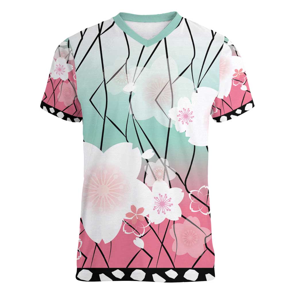 Japanese Kocho Pattern Women V-Neck T-Shirt Insect Pillar Butterfly Flower Fairy - Polynesian Pride