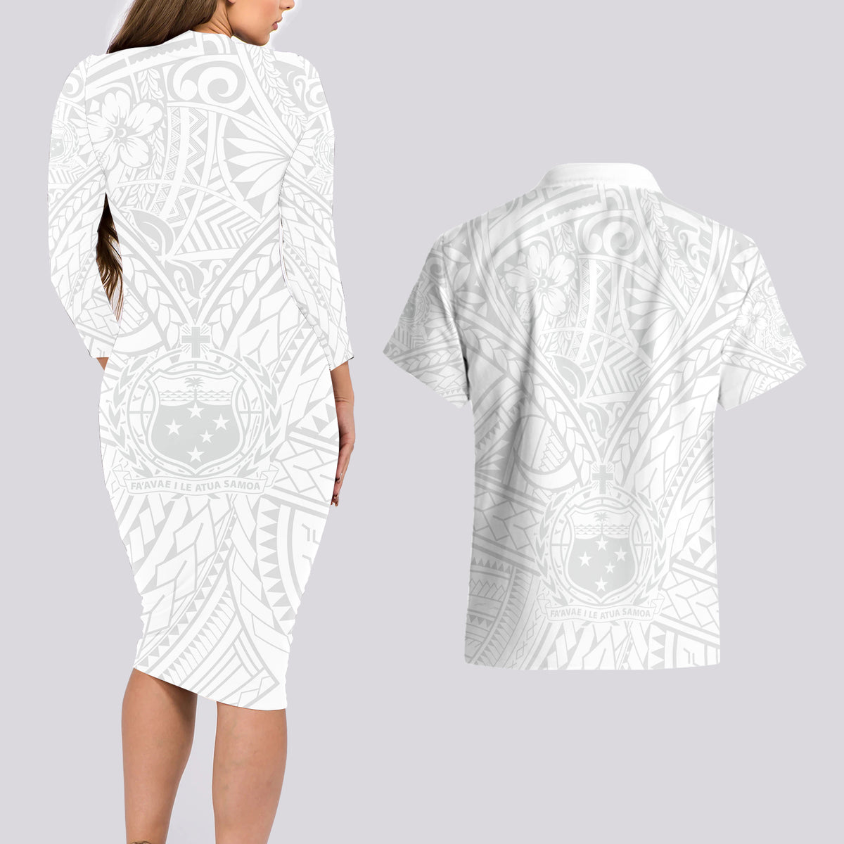 Samoa Lotu Tamaiti Couples Matching Long Sleeve Bodycon Dress and Hawaiian Shirt Polynesian White Sunday Simple LT9 - Polynesian Pride