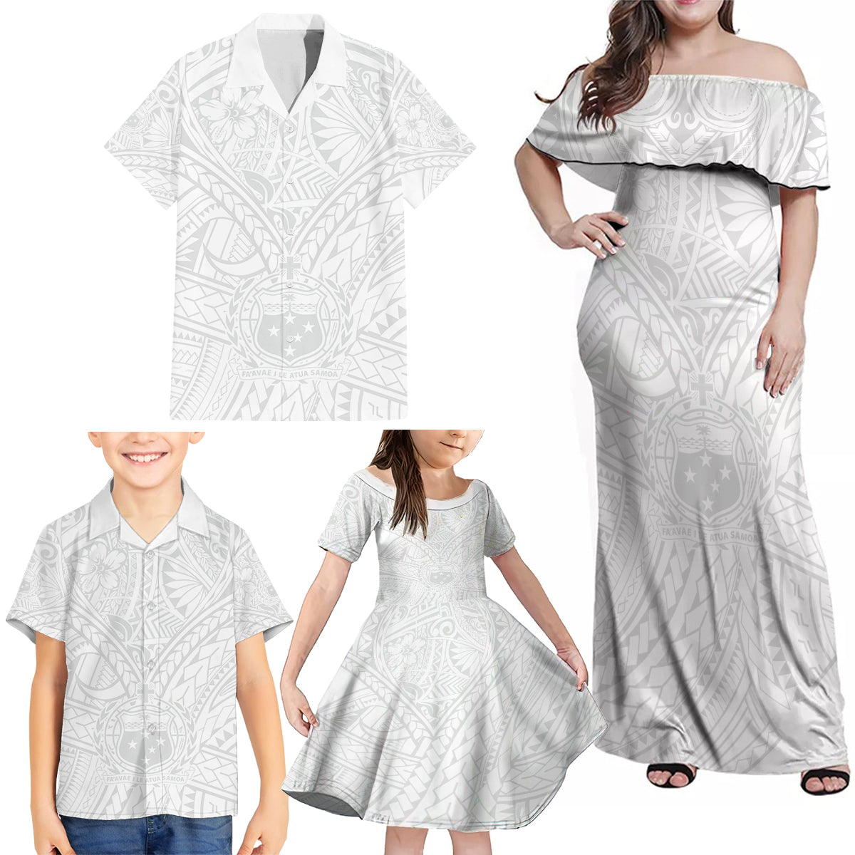 Samoa Lotu Tamaiti Family Matching Off Shoulder Maxi Dress and Hawaiian Shirt Polynesian White Sunday Simple LT9 - Polynesian Pride