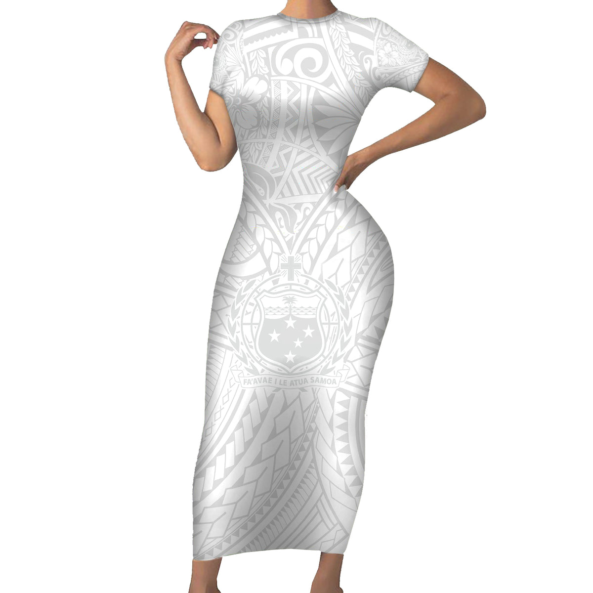 Samoa Lotu Tamaiti Family Matching Short Sleeve Bodycon Dress and Hawaiian Shirt Polynesian White Sunday Simple LT9 Mom's Dress White - Polynesian Pride