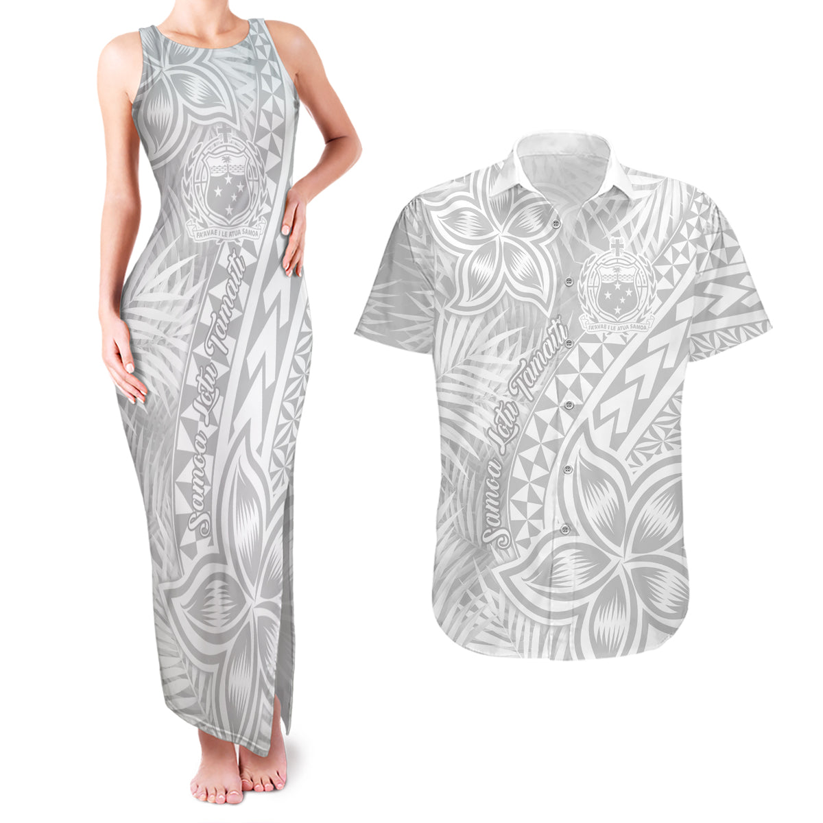 Samoa Lotu Tamait Couples Matching Tank Maxi Dress and Hawaiian Shirt Tropical Plant White Sunday With Polynesia Pattern LT9 White - Polynesian Pride