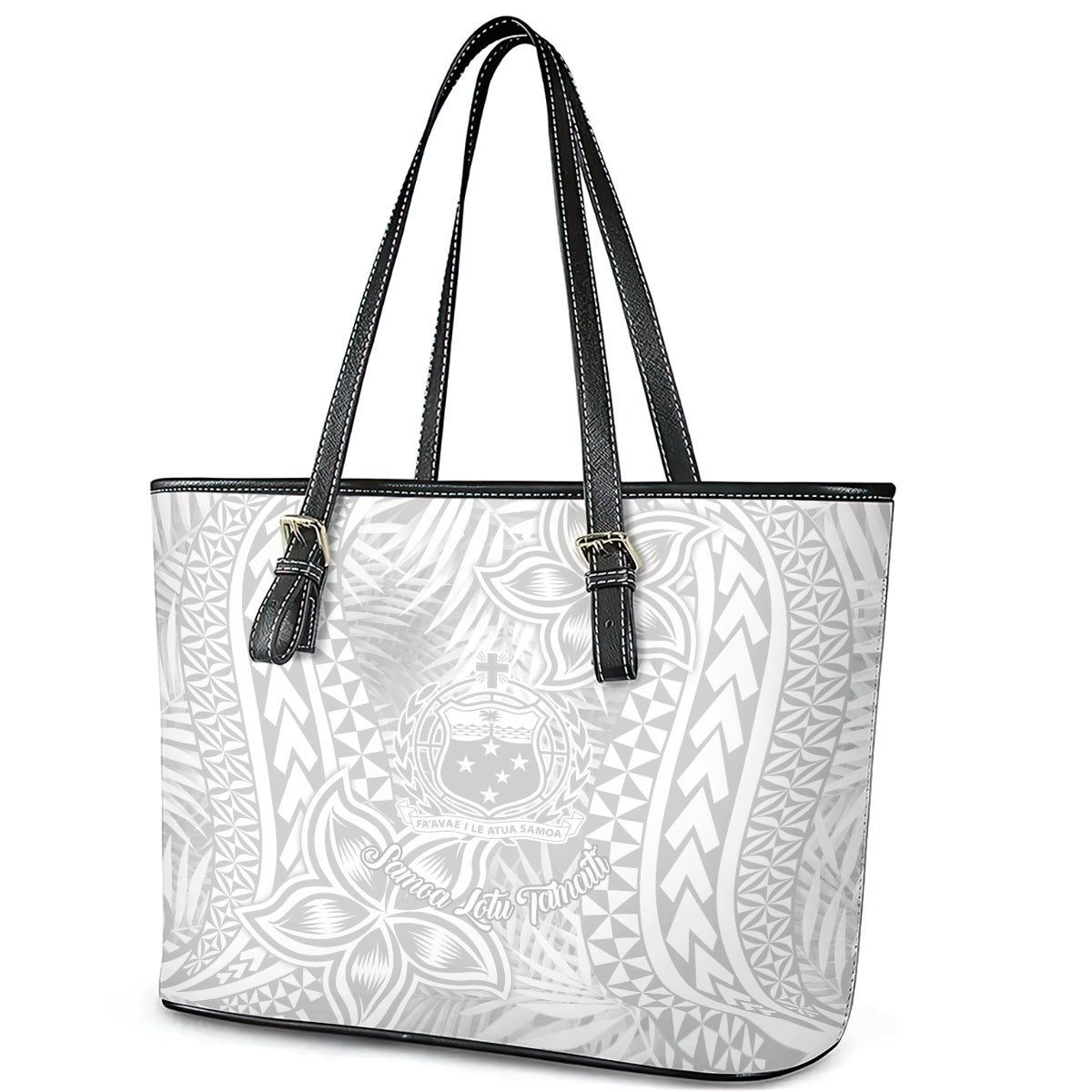 Samoa Lotu Tamait Leather Tote Bag Tropical Plant White Sunday With Polynesia Pattern LT9 - Polynesian Pride