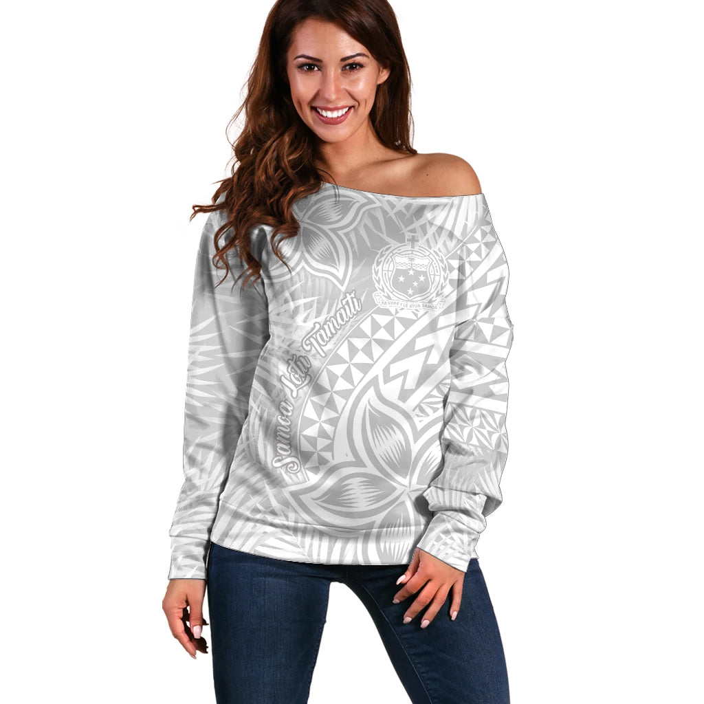 Samoa Lotu Tamait Off Shoulder Sweater Tropical Plant White Sunday With Polynesia Pattern LT9 Women White - Polynesian Pride